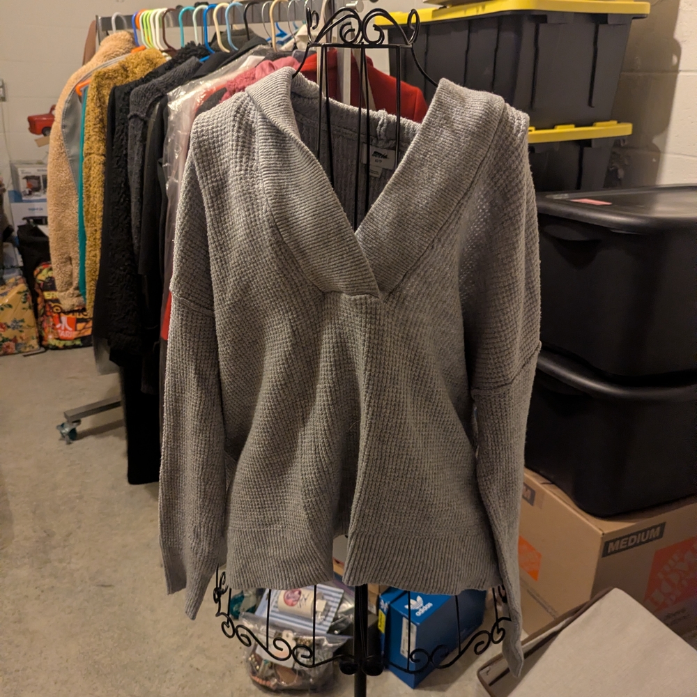 aerie Gray Waffle-Knit Hooded Cowl Sweater